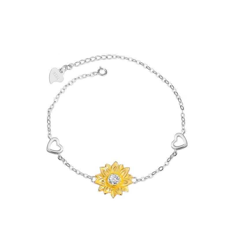 Davis Real 925 Sterling Silver Ins Love Bracelet Heart Golden Flowers Jewelry
