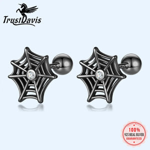 925 Silver Kids Halloween Spider Web Stud Earrings For Girls