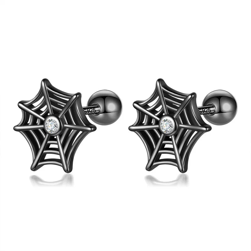 925 Silver Kids Halloween Spider Web Stud Earrings For Girls