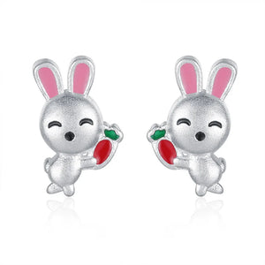 Real 925 Silver Kids Earring Frosted Rabbit Carrot Stud Earrings