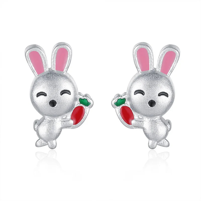 Real 925 Silver Kids Earring Frosted Rabbit Carrot Stud Earrings