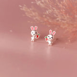 Real 925 Silver Kids Earring Frosted Rabbit Carrot Stud Earrings
