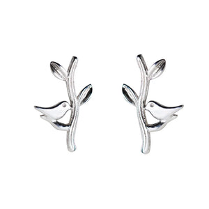 925 Silver Kids Earring Leaves Bird Stud Earrings For Girls Fine Gift DS428