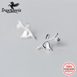 925 Silver Kids Earring Leaves Bird Stud Earrings For Girls Fine Gift DS428