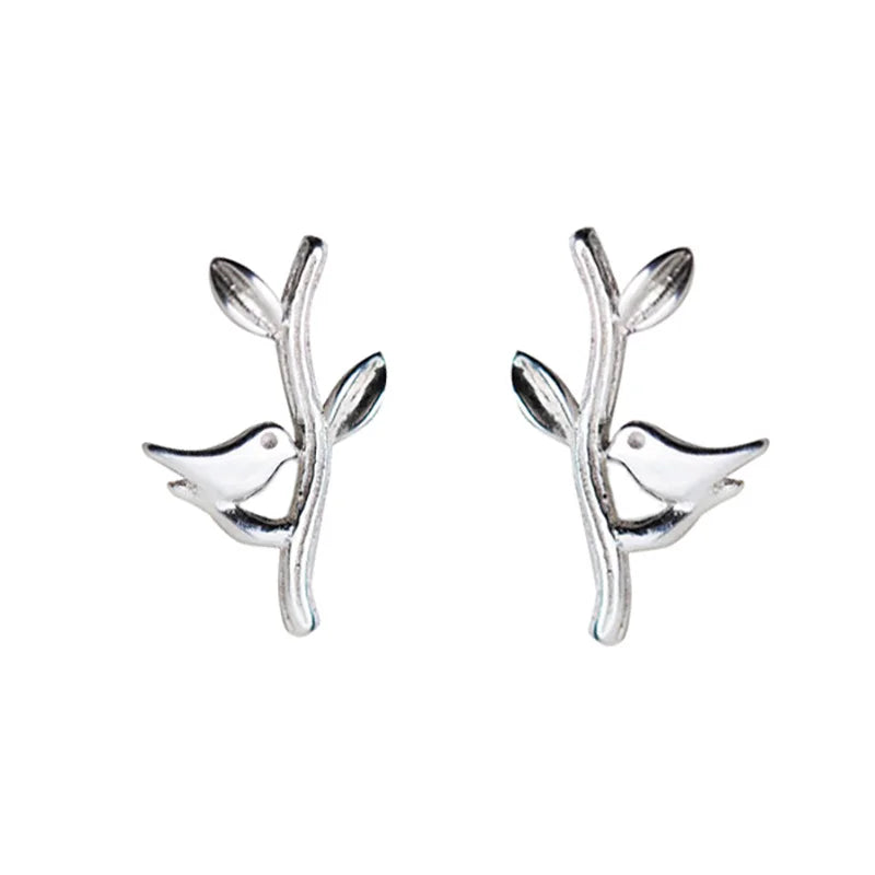 925 Silver Kids Earring Leaves Bird Stud Earrings For Girls Fine Gift DS428