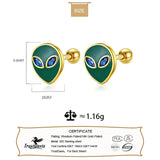 Real 925 Sterling Silver Kids Green Glaze Aliens CZ Stud Earrings