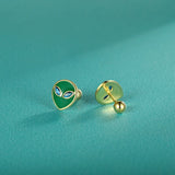 Real 925 Sterling Silver Kids Green Glaze Aliens CZ Stud Earrings