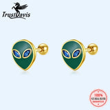 Real 925 Sterling Silver Kids Green Glaze Aliens CZ Stud Earrings