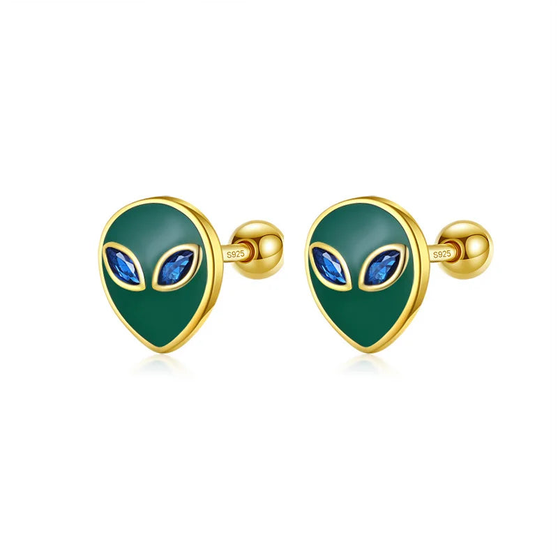 Real 925 Sterling Silver Kids Green Glaze Aliens CZ Stud Earrings