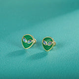 Real 925 Sterling Silver Kids Green Glaze Aliens CZ Stud Earrings