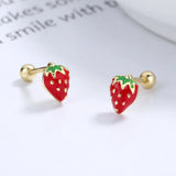 Real 925 Silver Strawberry Stud Earrings for Girls School Party