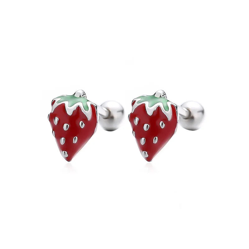 Real 925 Silver Strawberry Stud Earrings for Girls School Party