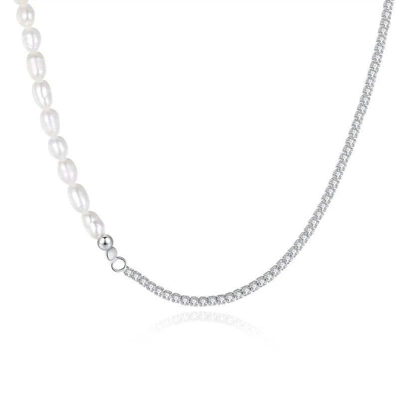 Davis 925 Sterling Silver Sweet Choker Natural Pearls CZ Necklace For Women