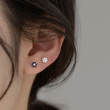 Davis 925 Silver Mini Flower Screw Stud Earrings CZ S925 Jewelry