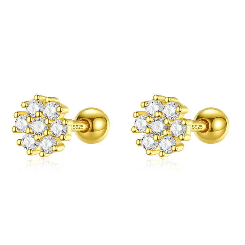 Davis 925 Silver Mini Flower Screw Stud Earrings CZ S925 Jewelry