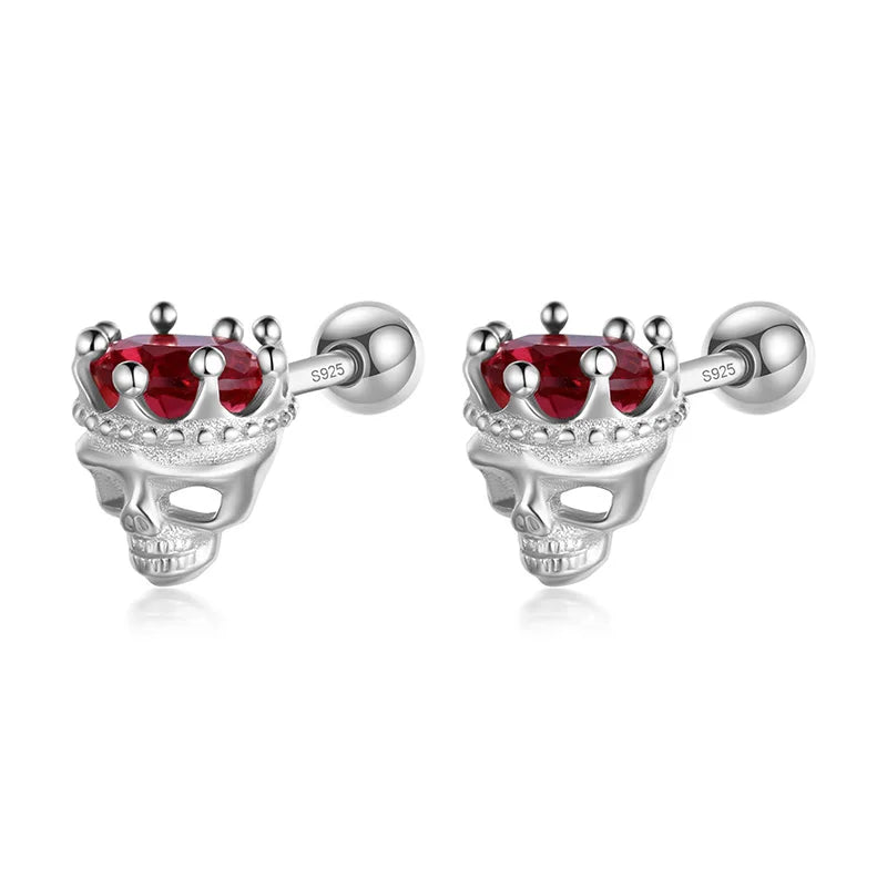 925 Silver Red Zircon Crown Skull Earrings for Girls