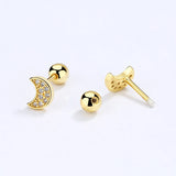 Real 925 Silver Moon CZ Stud Earrings Wedding Fine Jewelry