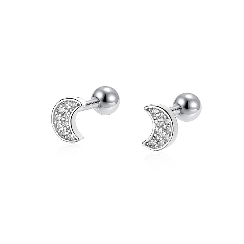 Real 925 Silver Moon CZ Stud Earrings Wedding Fine Jewelry