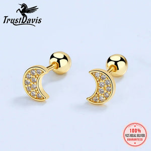 Real 925 Silver Moon CZ Stud Earrings Wedding Fine Jewelry