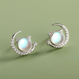 925 Silver Moon Cat Moonstone Stud Earrings CZ Women Wedding S925 Jewelry