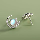 925 Silver Moon Cat Moonstone Stud Earrings CZ Women Wedding S925 Jewelry