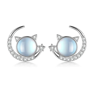 925 Silver Moon Cat Moonstone Stud Earrings CZ Women Wedding S925 Jewelry