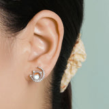 925 Silver Moon Cat Moonstone Stud Earrings CZ Women Wedding S925 Jewelry