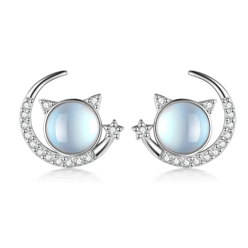 925 Silver Moon Cat Moonstone Stud Earrings CZ Women Wedding S925 Jewelry