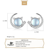 925 Silver Moon Cat Moonstone Stud Earrings CZ Women Wedding S925 Jewelry