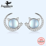 925 Silver Moon Cat Moonstone Stud Earrings CZ Women Wedding S925 Jewelry