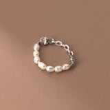 925 Sterling Silver Pearl Chain Elastic Rings Wedding Party Fine Jewelry