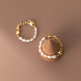 925 Sterling Silver Pearl Chain Elastic Rings Wedding Party Fine Jewelry