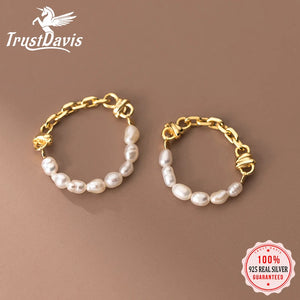 925 Sterling Silver Pearl Chain Elastic Rings Wedding Party Fine Jewelry