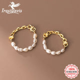 925 Sterling Silver Pearl Chain Elastic Rings Wedding Party Fine Jewelry