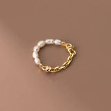 925 Sterling Silver Pearl Chain Elastic Rings Wedding Party Fine Jewelry