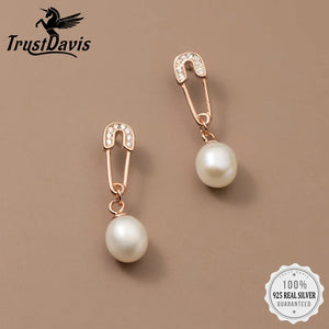 TrustDavis Silver Pearl CZ Stud Earrings for Women Wedding