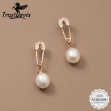 TrustDavis Silver Pearl CZ Stud Earrings for Women Wedding