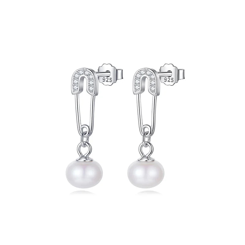 TrustDavis Silver Pearl CZ Stud Earrings for Women Wedding
