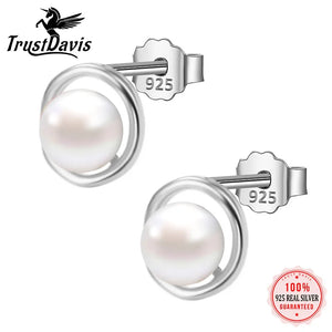 925 Silver Natural Pearls Round Stud Earrings Anti-allergy Jewelry