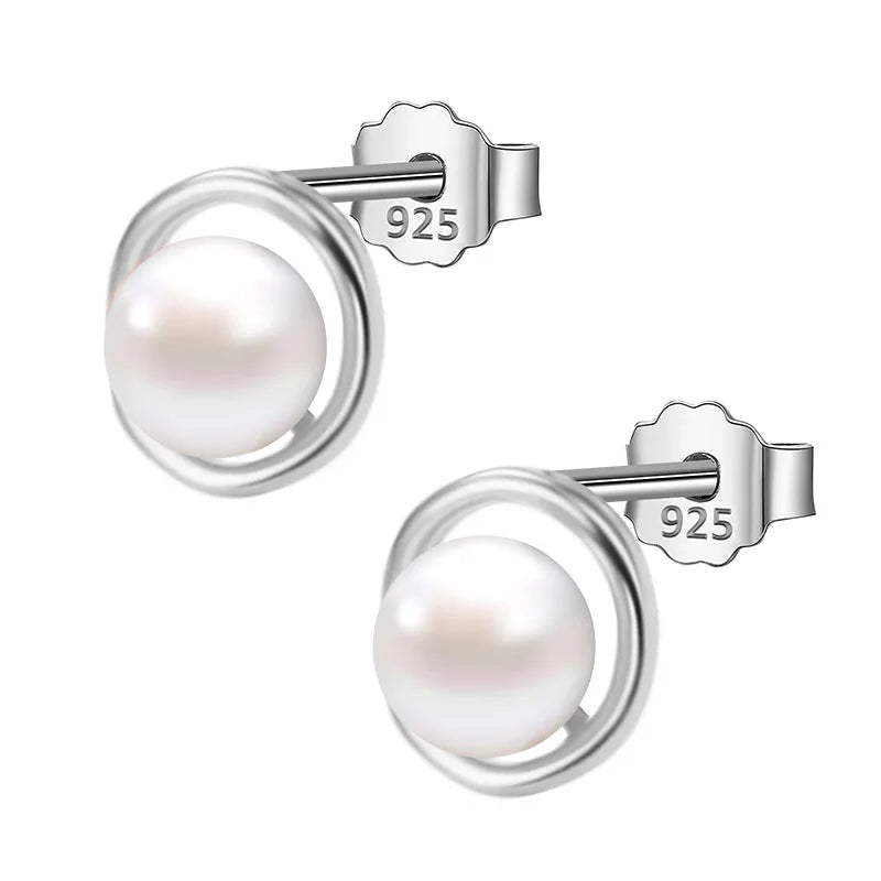 925 Silver Natural Pearls Round Stud Earrings Anti-allergy Jewelry
