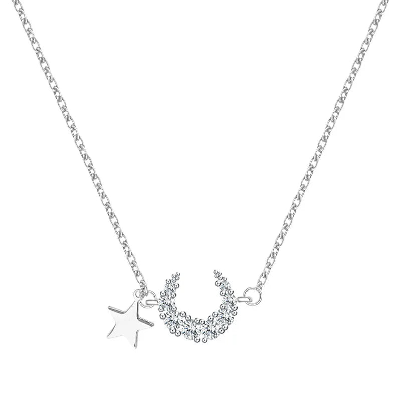 Davis 925 Silver Moon Star CZ Choker Necklace for Women