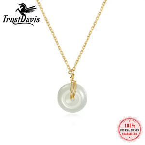 TrustDavis 925 Silver Necklace Round Jade Pendant Women's Jewelry