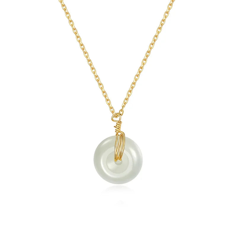 TrustDavis 925 Silver Necklace Round Jade Pendant Women's Jewelry