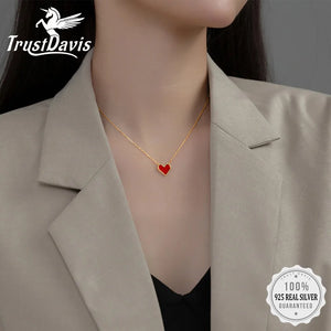 TrustDavis 925 Sterling Silver Red Heart Clavicle Necklace