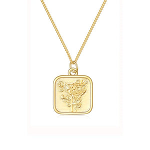 925 Sterling Silver Square Rose Print Card Necklace For Women Lady Birthday Gift