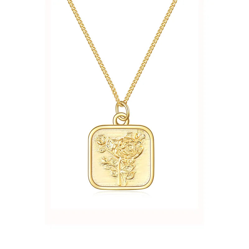 925 Sterling Silver Square Rose Print Card Necklace For Women Lady Birthday Gift