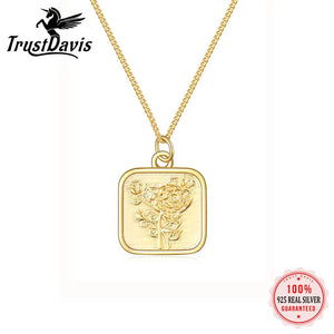 925 Sterling Silver Square Rose Print Card Necklace For Women Lady Birthday Gift