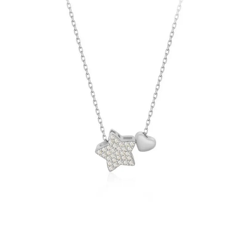 TrustDavis 925 Silver Necklace Sweet Star Heart CZ Pendant Necklace