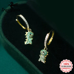 Real 925 Sterling Silver Green CZ Dinosaur Hoop Earrings For Women