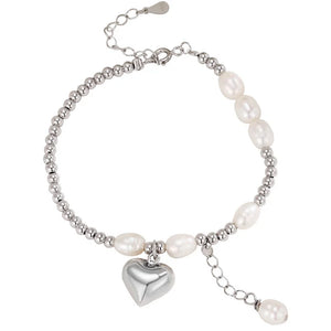 TrustDavis 925 Silver Pearl Bracelet Heart Pendant Women Jewelry Gift
